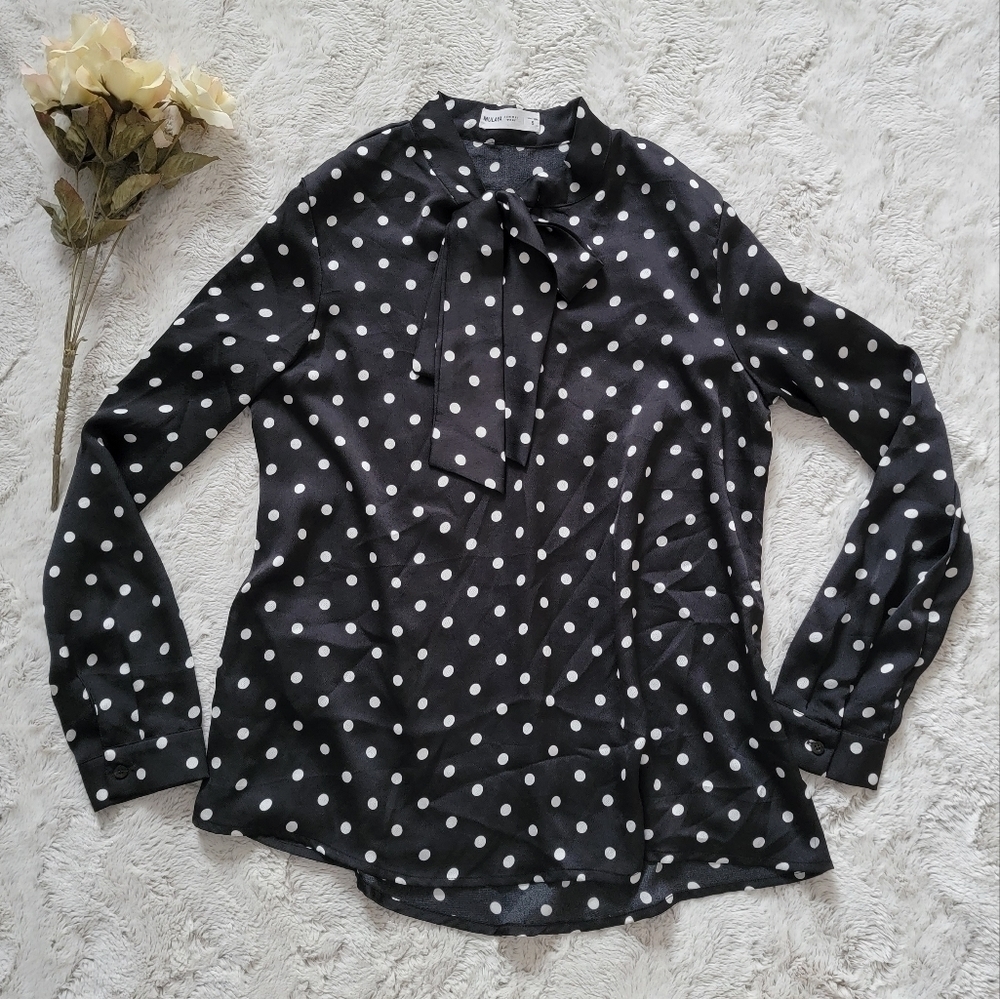 Mulaya Black White Polka Dot Tie‎ High Collar Blouse Size S